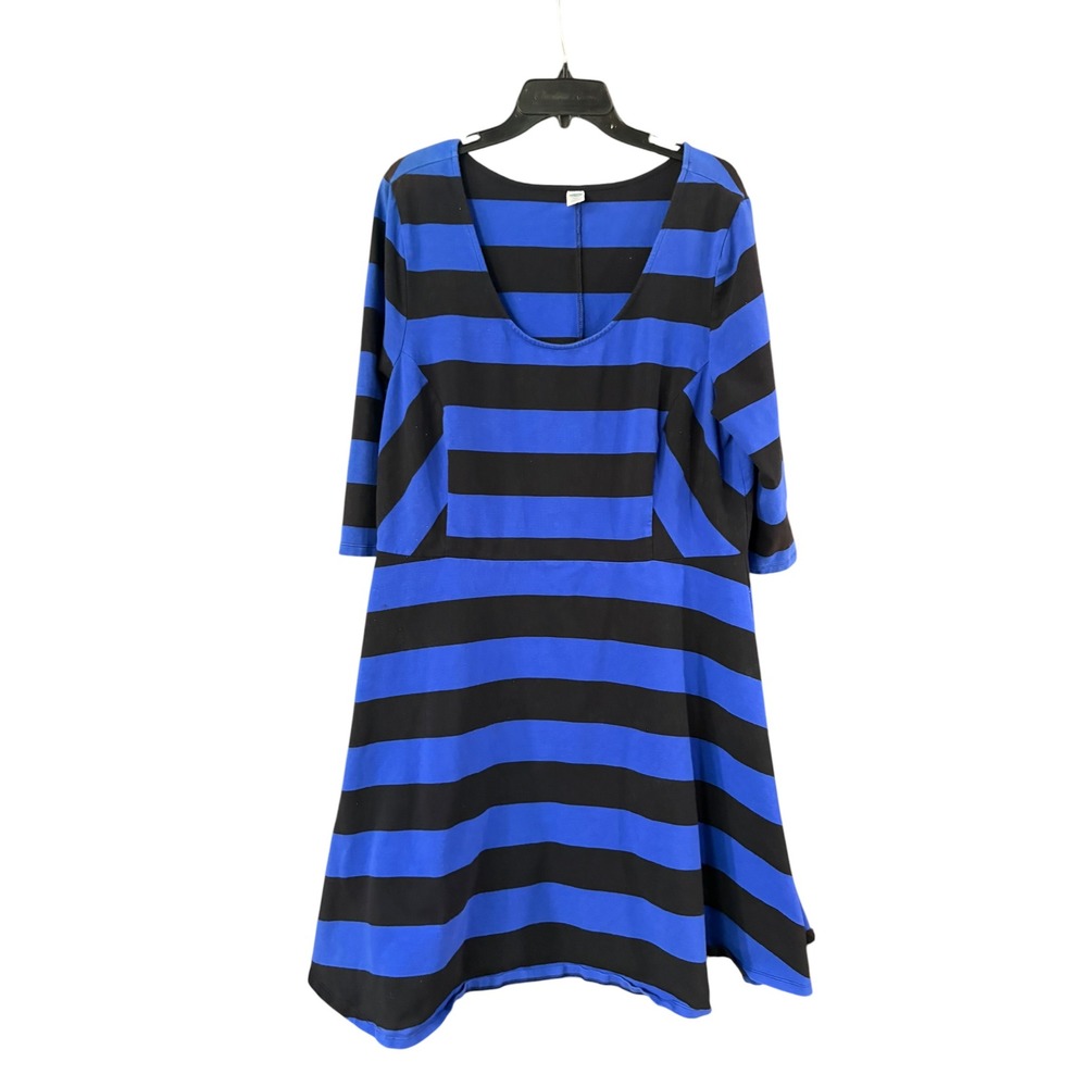 Old Navy Blue Black Striped Fit Flare Dress XXL Womens Scoop Neck 3/4 Sleeve